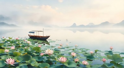 湖畔轻舟映荷花