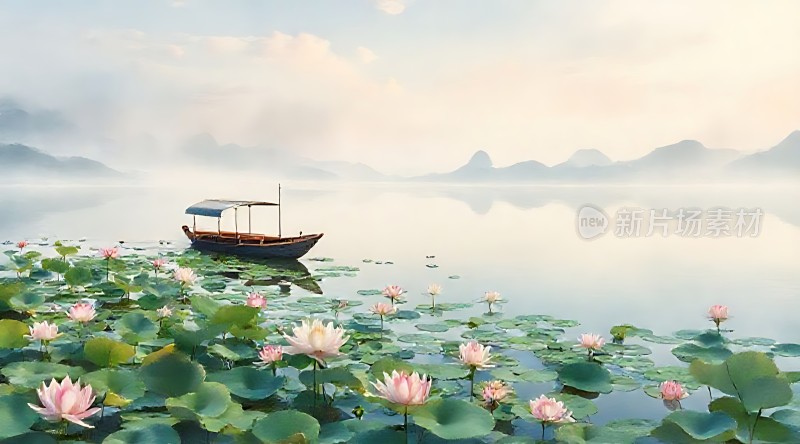 湖畔轻舟映荷花