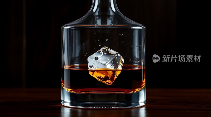 冰块漂浮在威士忌酒杯中