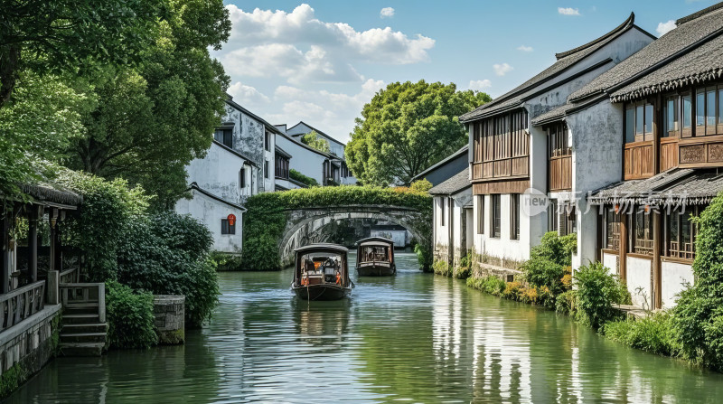 江南水乡古建筑水景园林意境图