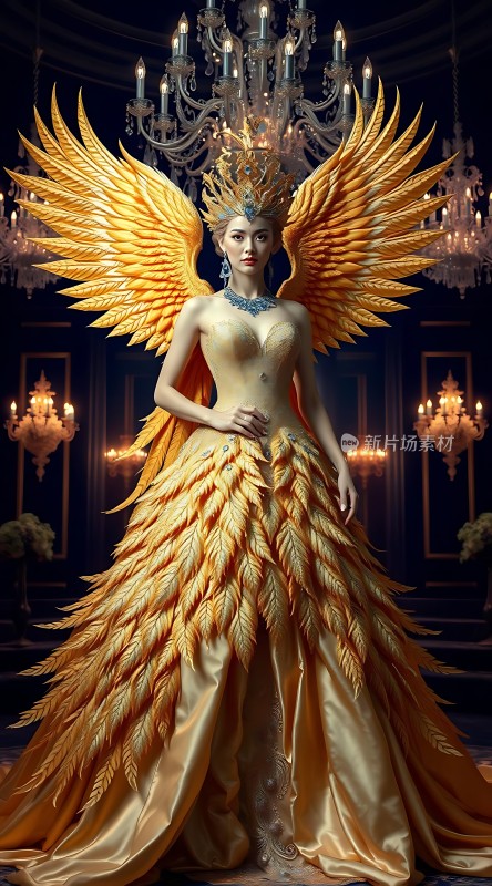 金色羽翼女神华丽礼服与皇冠