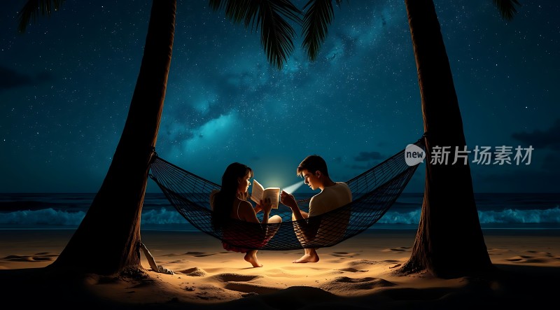 星空下的浪漫海滩阅读时光