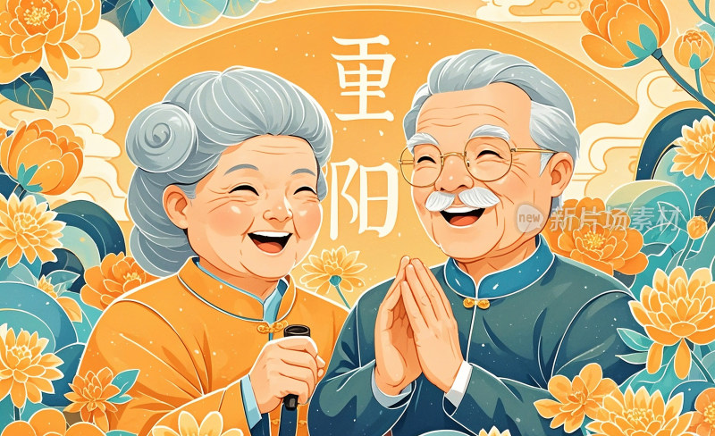 重阳节创意插画老人菊花