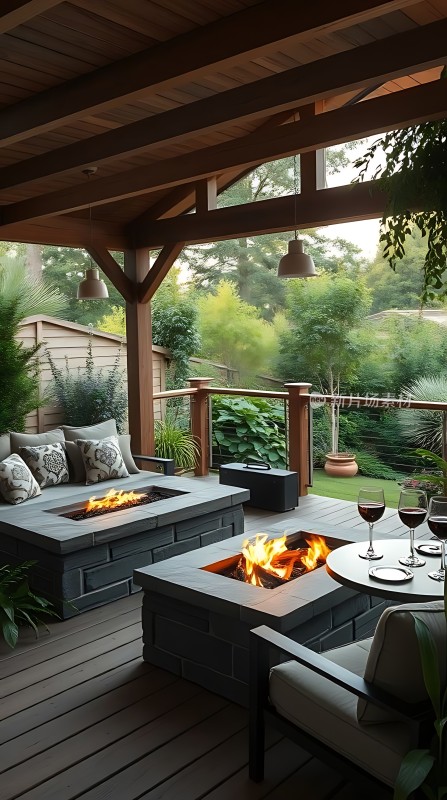 户外休闲时光火坑、藤椅与绿意盎然
