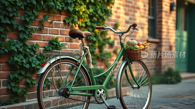 绿色自行车与砖墙绿叶相映成趣