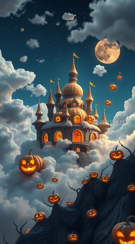 万圣节之夜南瓜灯城堡梦幻夜空