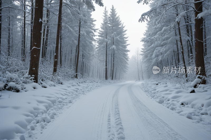 树林里的雪路地面上有雪迹高清风景图片