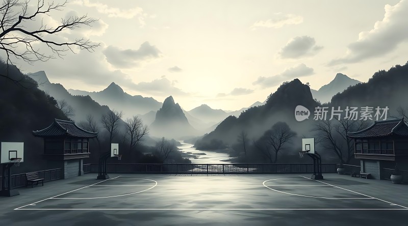 新片场素材 篮球场与山水相映成趣