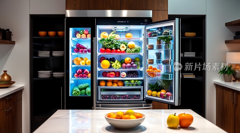 现代厨房冰箱满载新鲜蔬果
