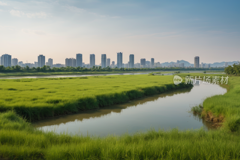 草地一条河流穿过一座城市高清风景图片