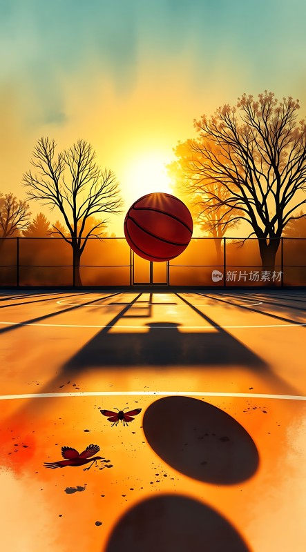 日落下的篮球场