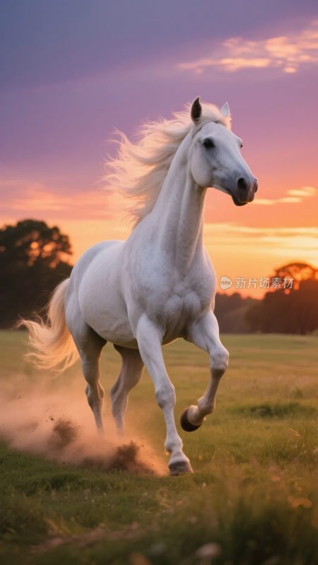 夕阳下奔跑的白马