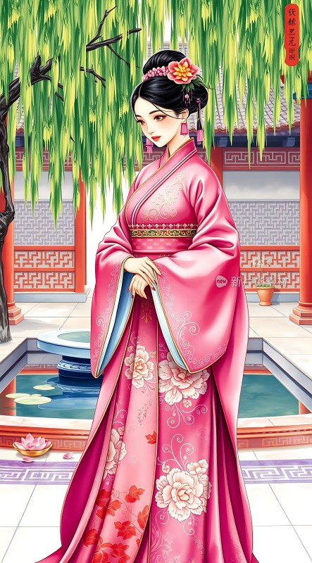 粉衣佳人立柳下