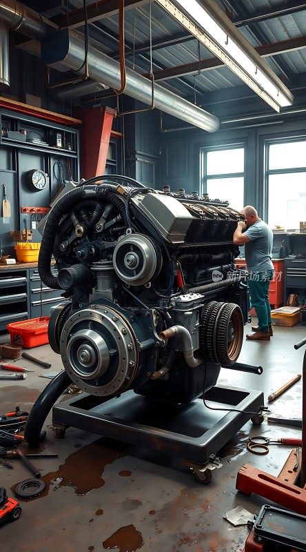 机械车间里的发动机维修现场