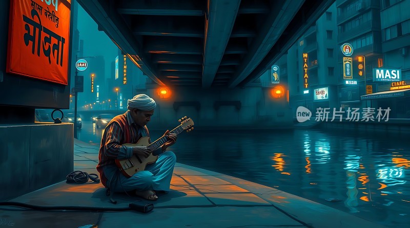 街头吉他手与城市夜景
