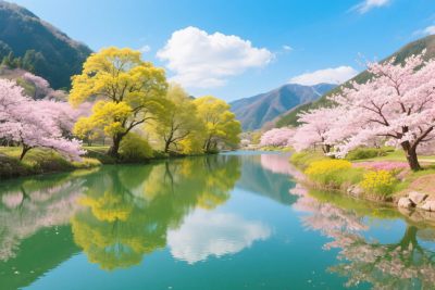 春日山水樱花湖景图