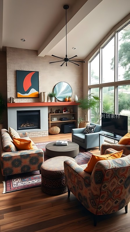 现代客厅设计色彩丰富家具舒适自然光线充足