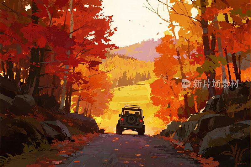 秋日林间行驶的越野车