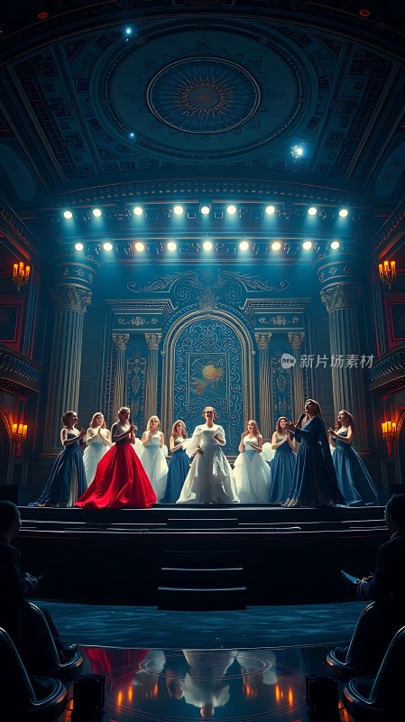 华丽舞台上的红蓝礼服群星
