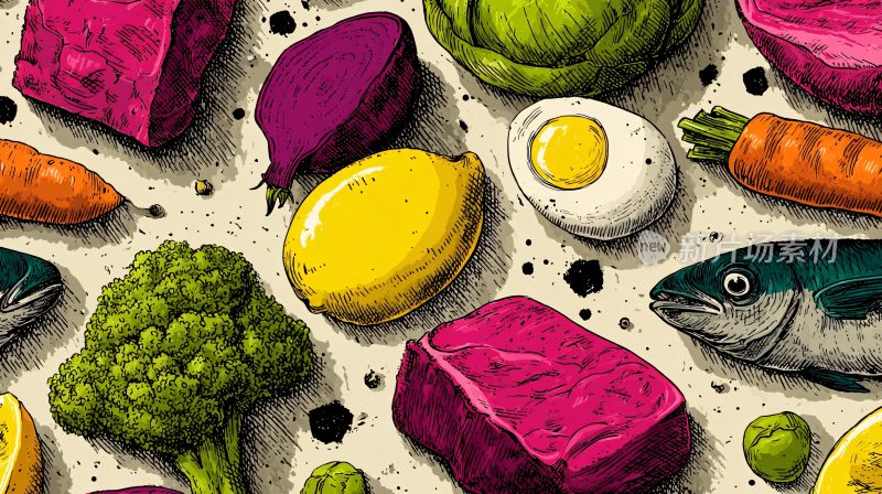多彩蔬菜水果与食物插画
