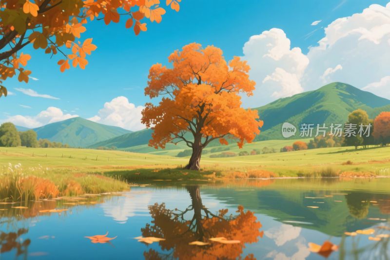 秋景山水风景插画