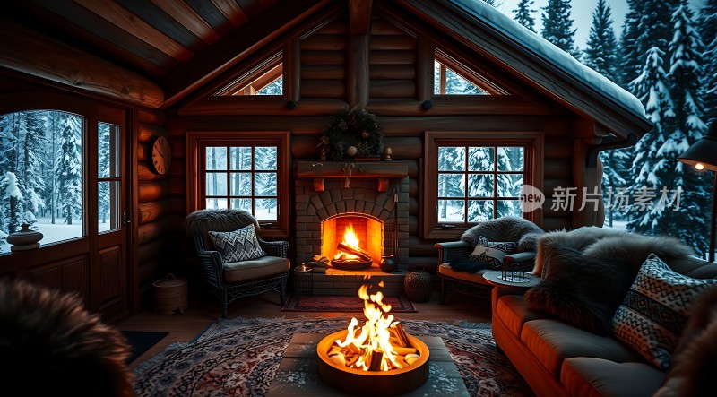 冬日暖炉小木屋温馨舒适度假时光