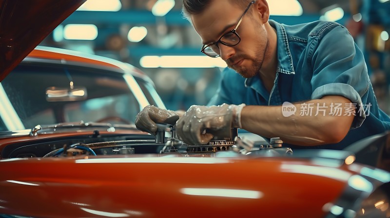 机械师专注检修橙红色汽车引擎盖打开