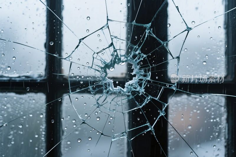 破碎的玻璃窗与水滴