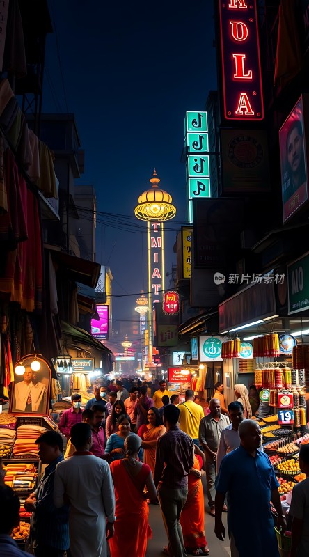 繁华夜市霓虹闪烁热闹非凡