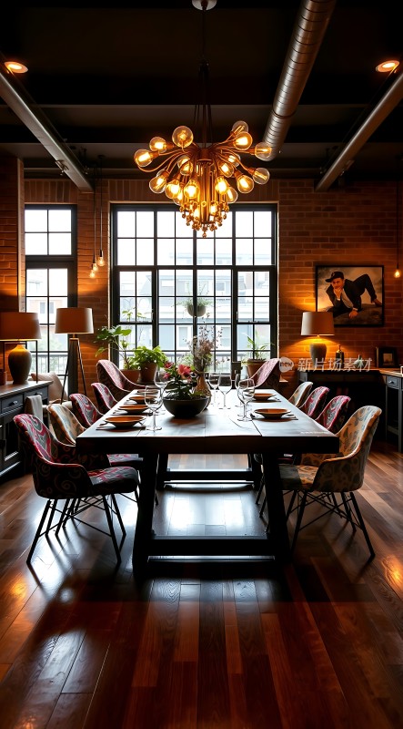 温馨餐厅木质餐桌椅与吊灯营造优雅氛围