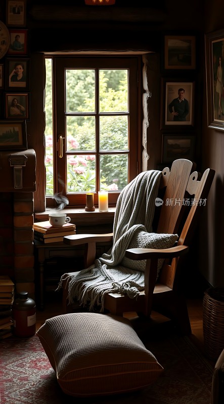 窗边木椅上的温馨角落