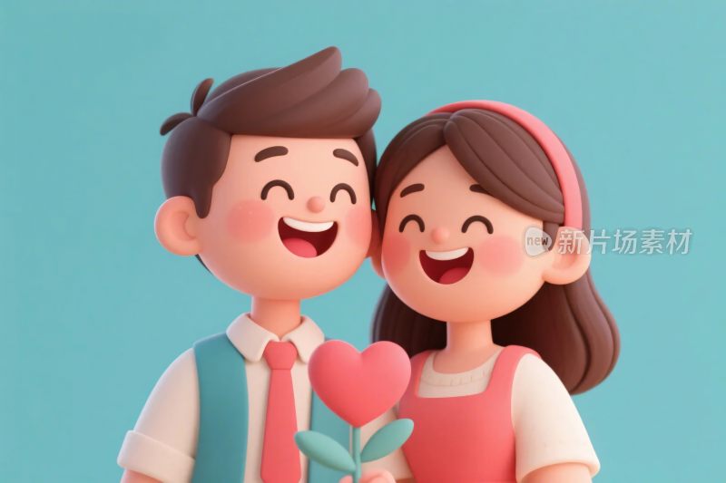 卡通情侣捧心形花