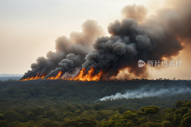 有天空背景的森林大火冒出浓烟高清风景图片