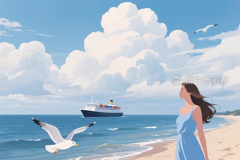 海边少女与游轮插画