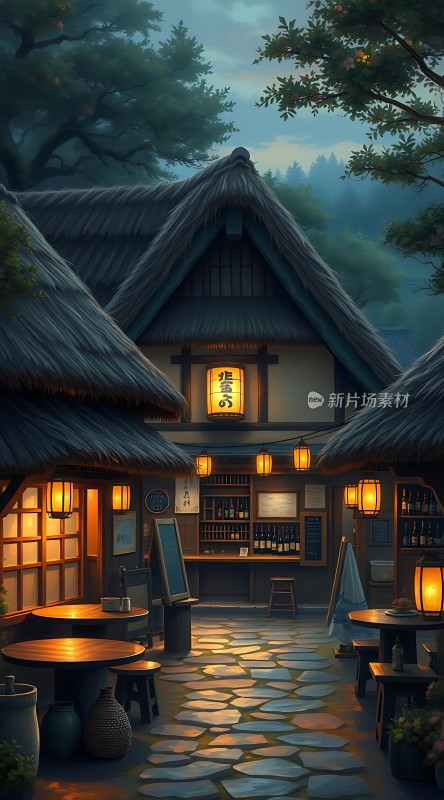 古色古香小酒馆温馨灯光映石径