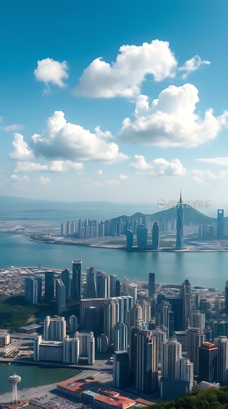 蓝天白云下的海滨城市风光