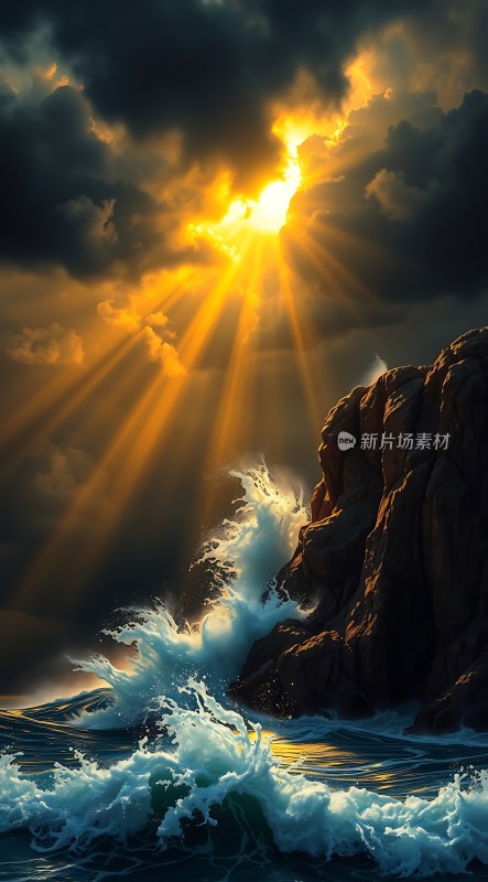 阳光下的海浪与岩石