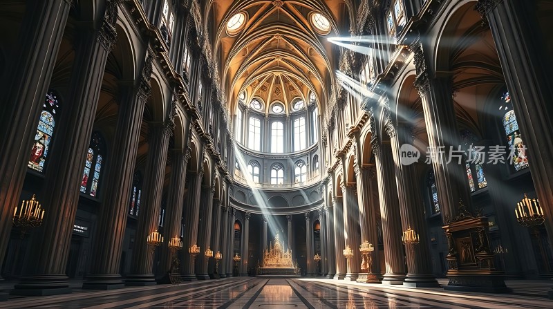 阳光洒落下的宏伟教堂内部