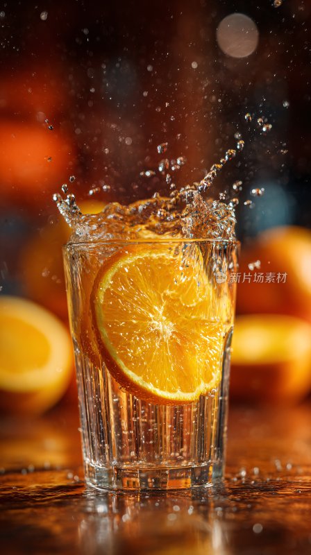 橙子入水玻璃杯溅起水花画面