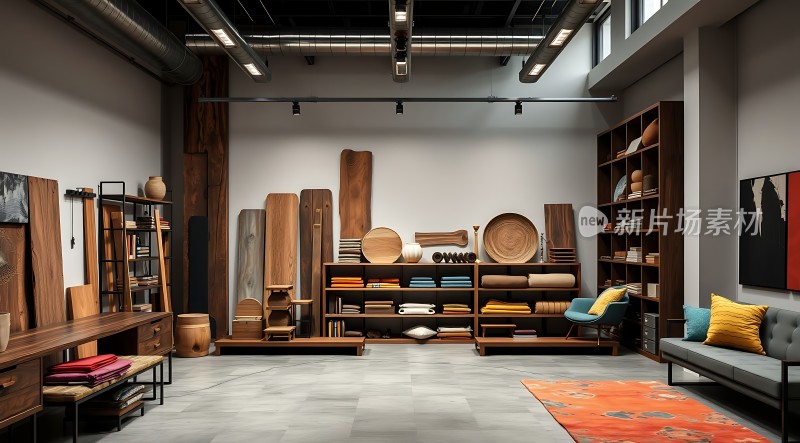 现代家居展示空间木质家具与装饰品陈列