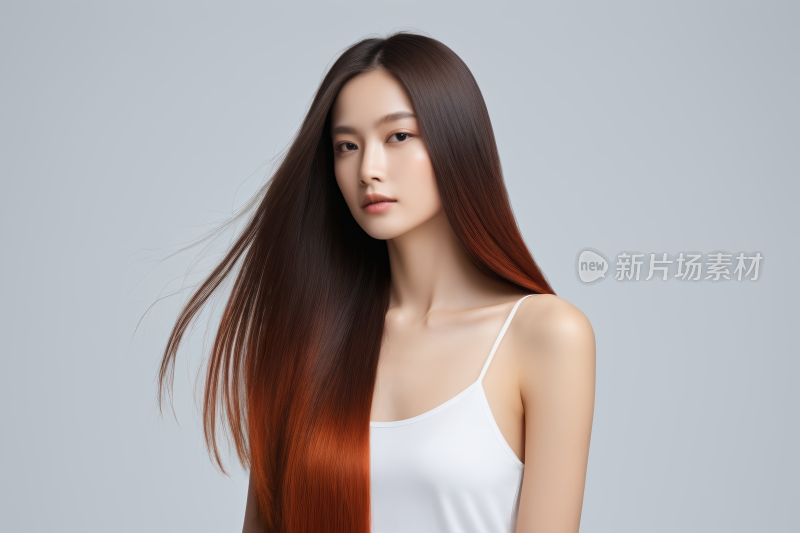 穿着白色背心棕色长发的妇女高清图片