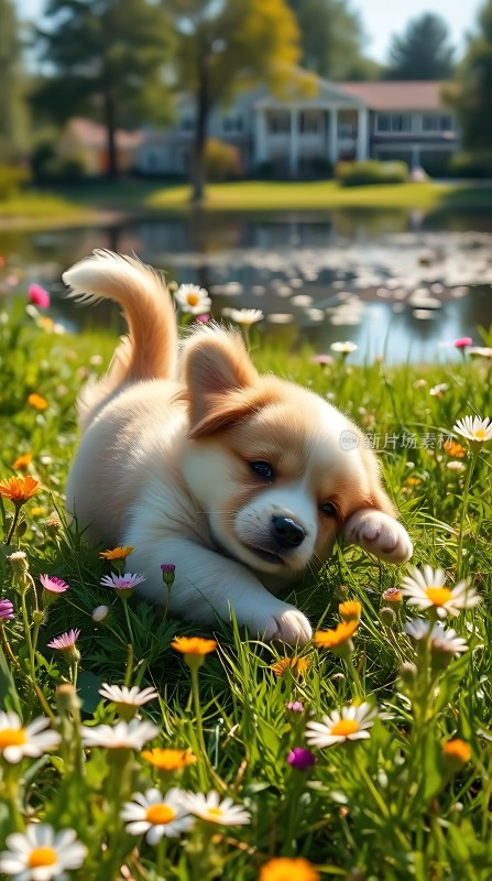 阳光下的狗狗在花丛中玩耍