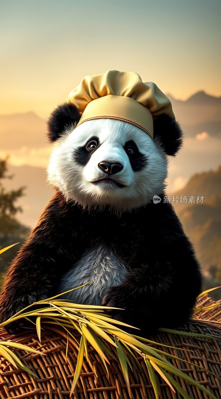 熊猫戴厨师帽吃竹子