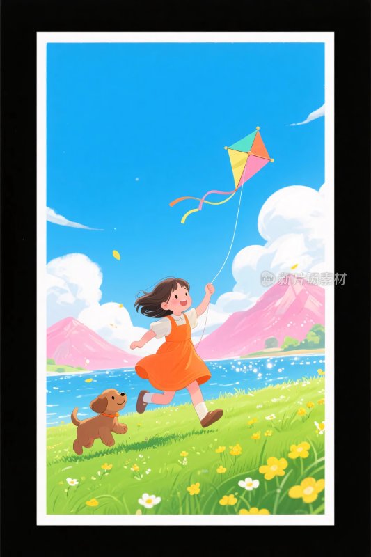 卡通放风筝女孩场景