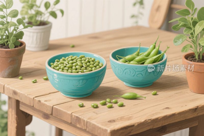 清新木桌碗装食材
