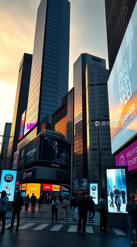 繁华都市夜景高楼林立霓虹闪烁人群熙攘