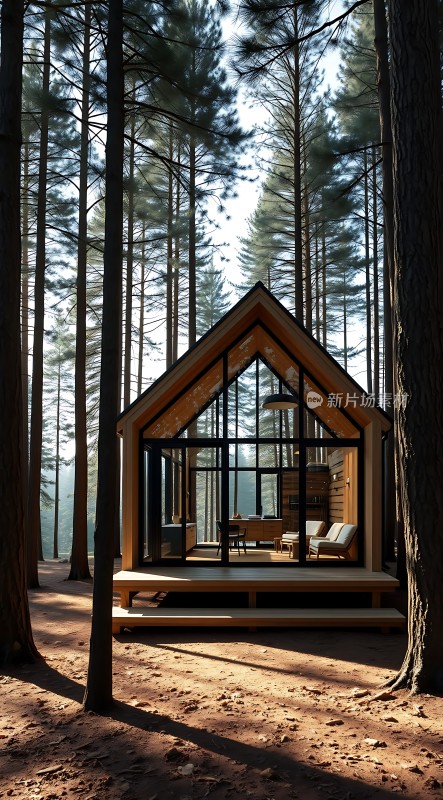 森林小木屋玻璃窗透出温馨光芒