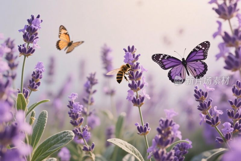 薰衣草花丛中的蝴蝶与蜜蜂