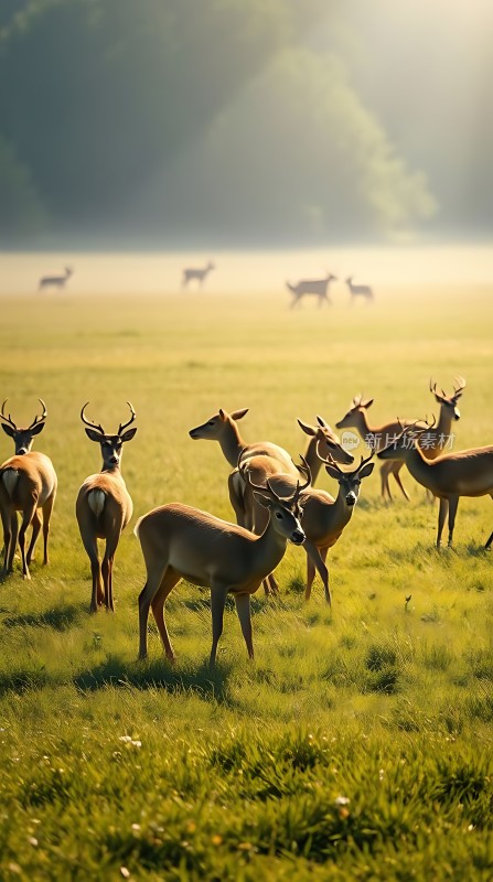 阳光下的鹿群在草原上漫步