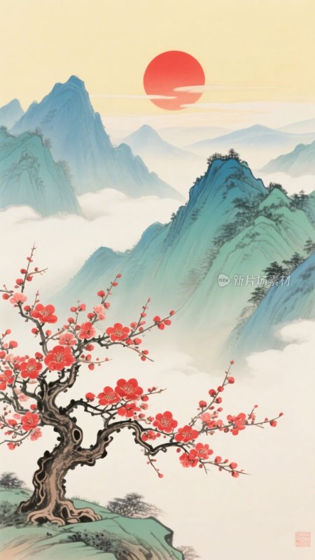 红梅映日山水图